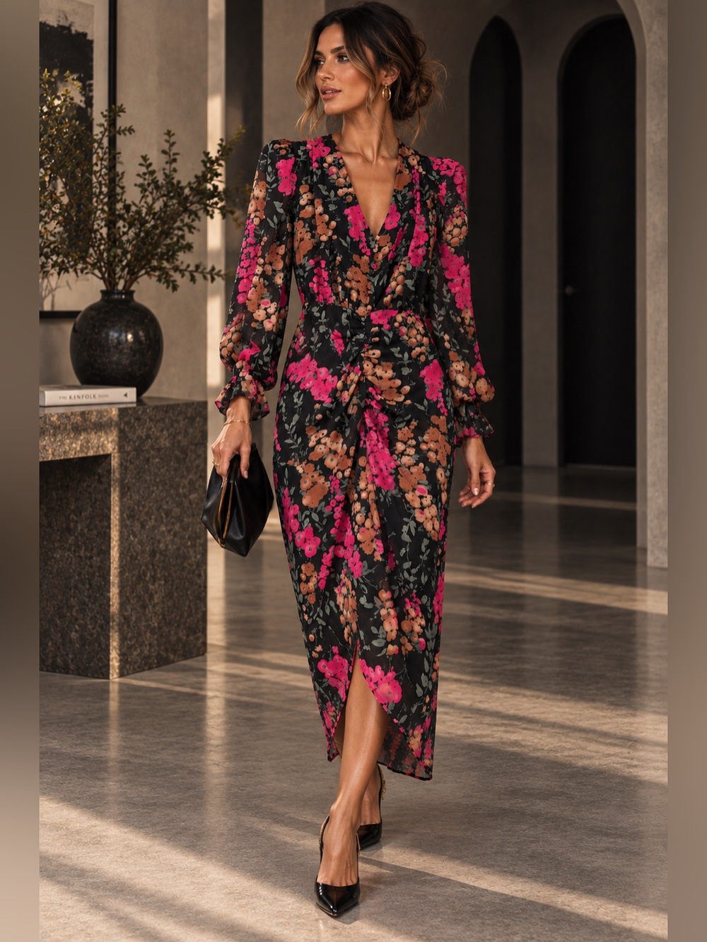 ASTR The Label Floral Plunge Ruched Long Sleeve Midi Dress M